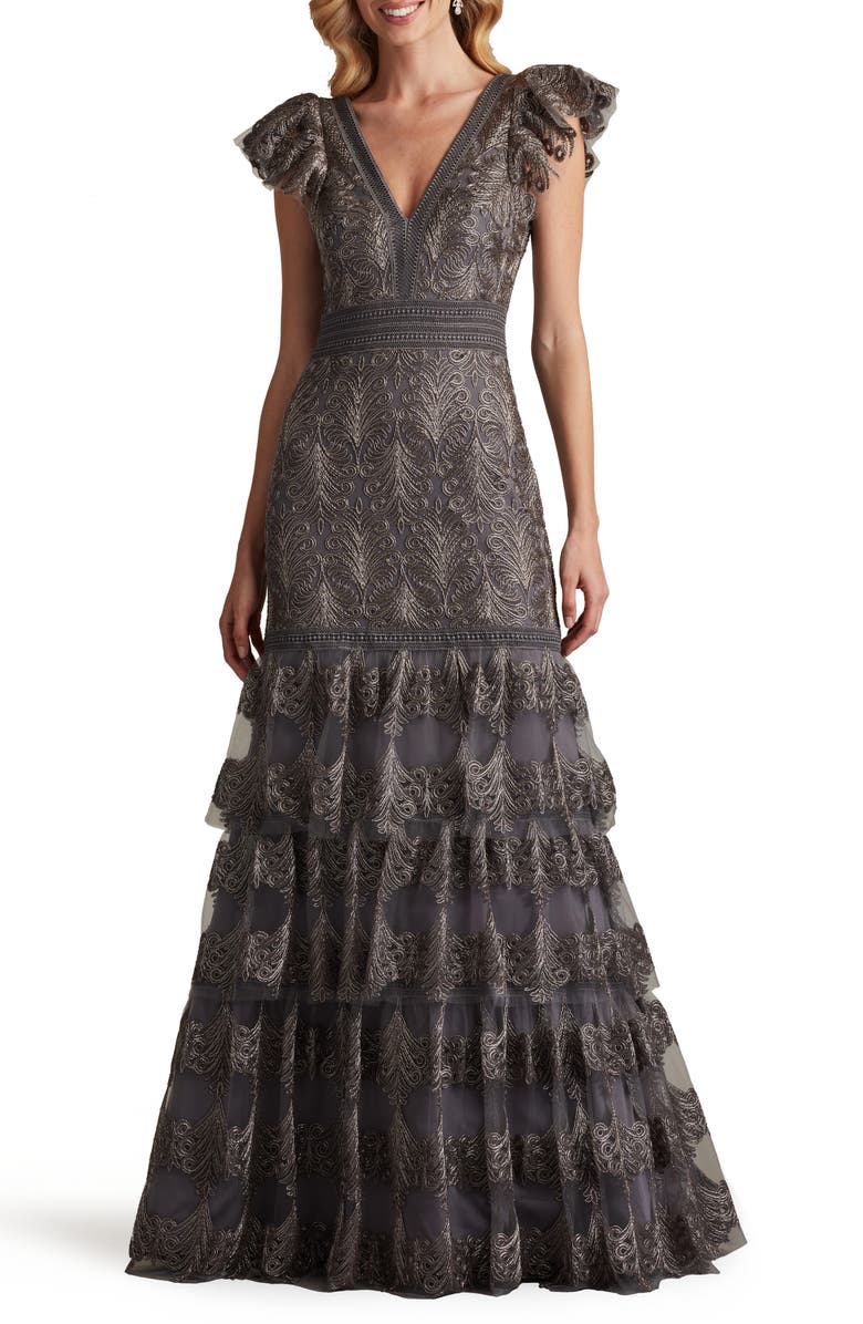 Tadashi Shoji Flutter Sleeve Tiered Plunge Neck Gown, Main, color, 