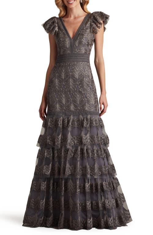 TADASHI SHOJI TADASHI SHOJI FLUTTER SLEEVE TIERED PLUNGE NECK GOWN