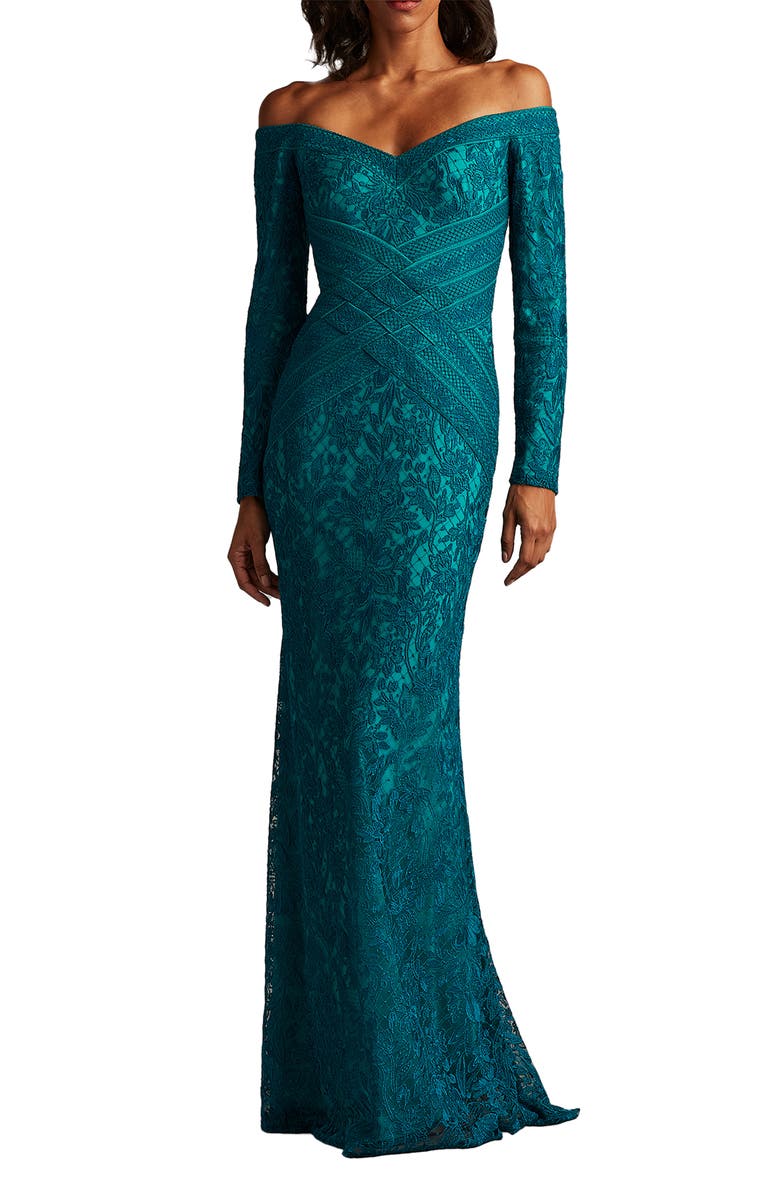 Tadashi Shoji Off the Shoulder Lace Trumpet Gown, Main, color, Cerulean