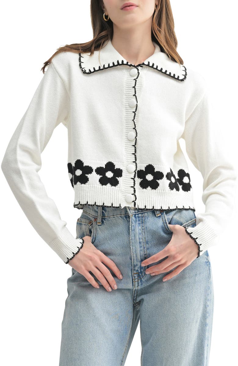 All in Favor Flower Detail Cotton Blend Cardigan, Main, color, Cream Black