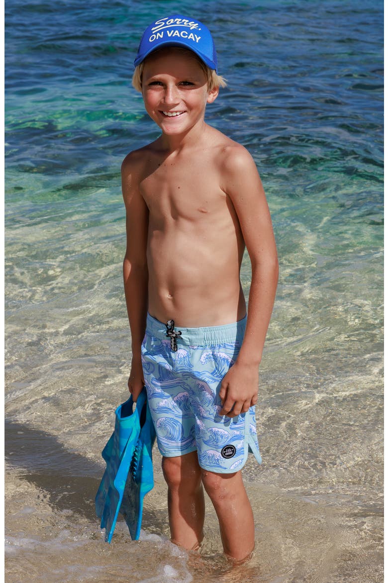 Kids' Wave Print Scallop Board Shorts, Alternate, color, CANAL BLUE