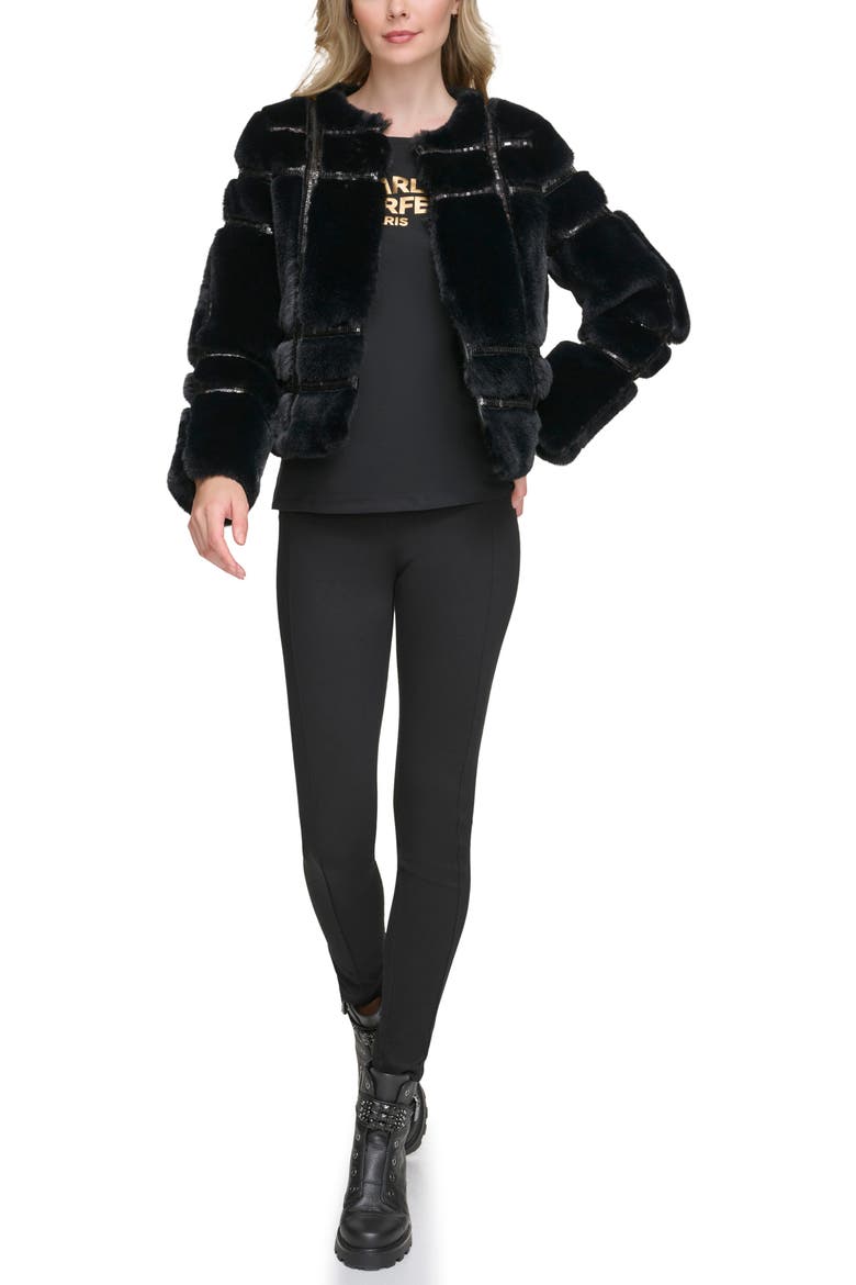 Sequin Quilted Faux Fur Jacket, Alternate, color, BLACK
