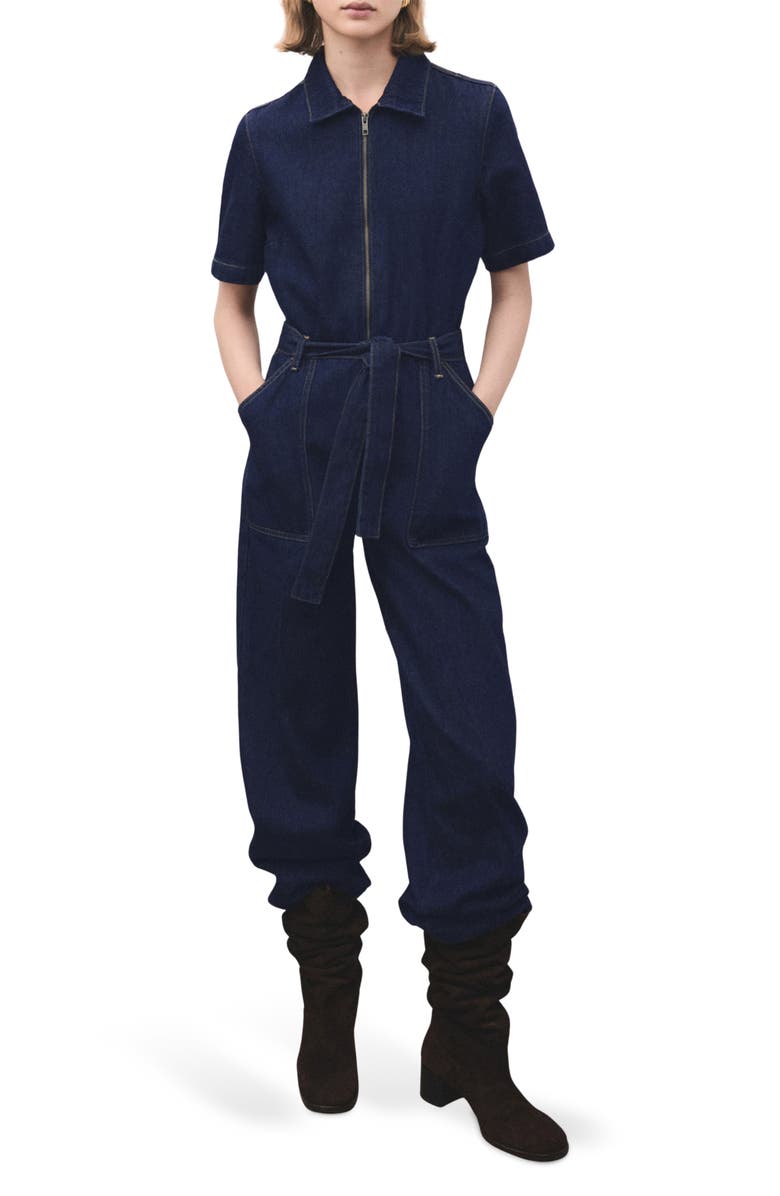 MANGO Belted Denim Jumpsuit, Main, color, Open Blue