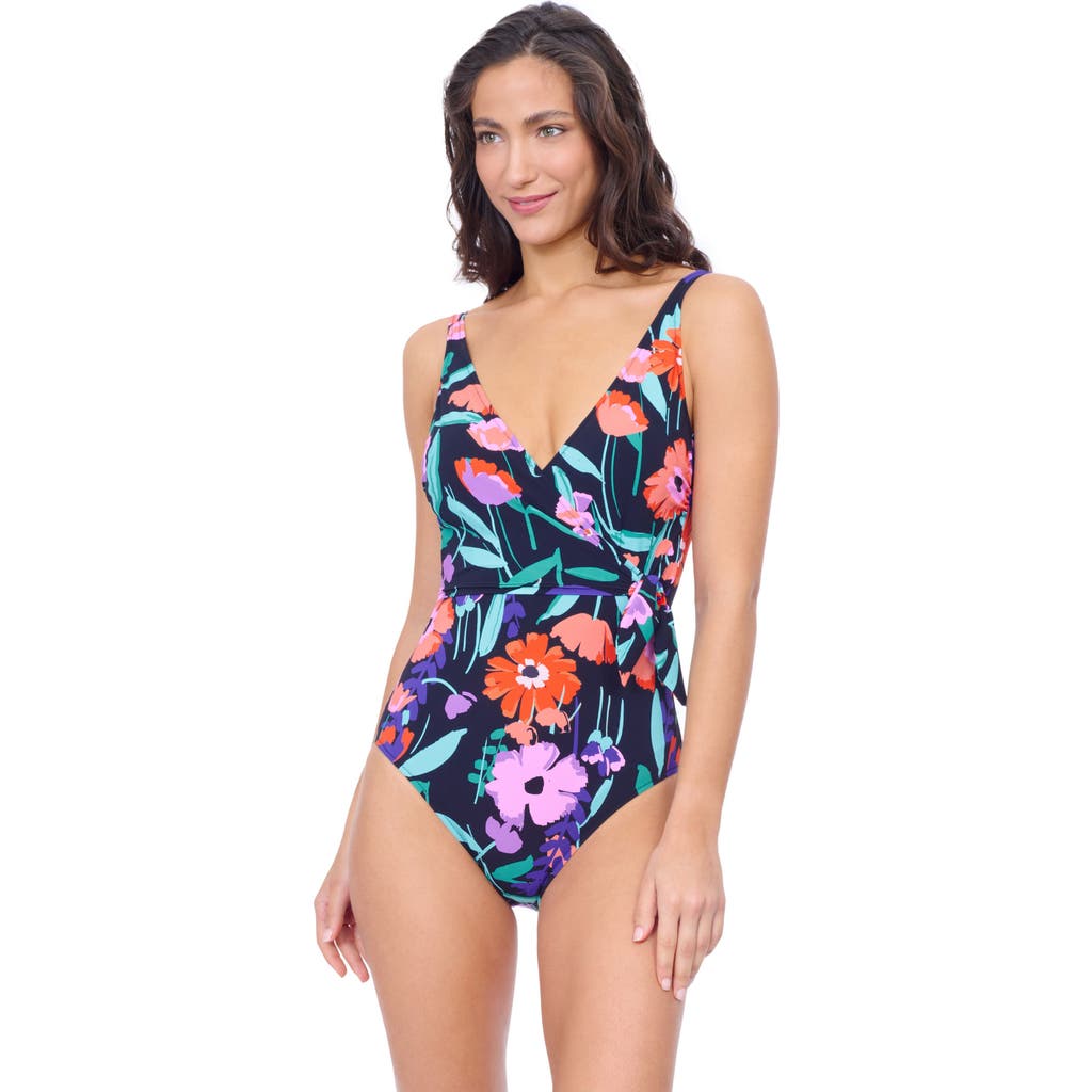 Profile By Gottex Marguerite V Neck Ruffle Surplice Swimdress In Black Multi