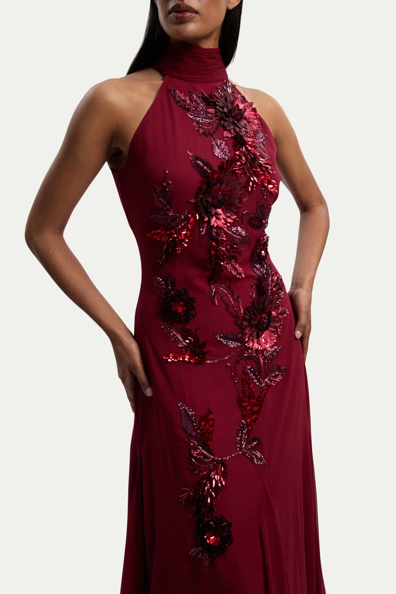 Feather Embellished Halter Maxi Dress, Alternate, color, Wine