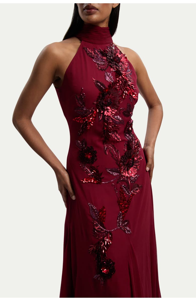 Karen Millen Feather Embellished Halter Maxi Dress, Alternate, color, Wine