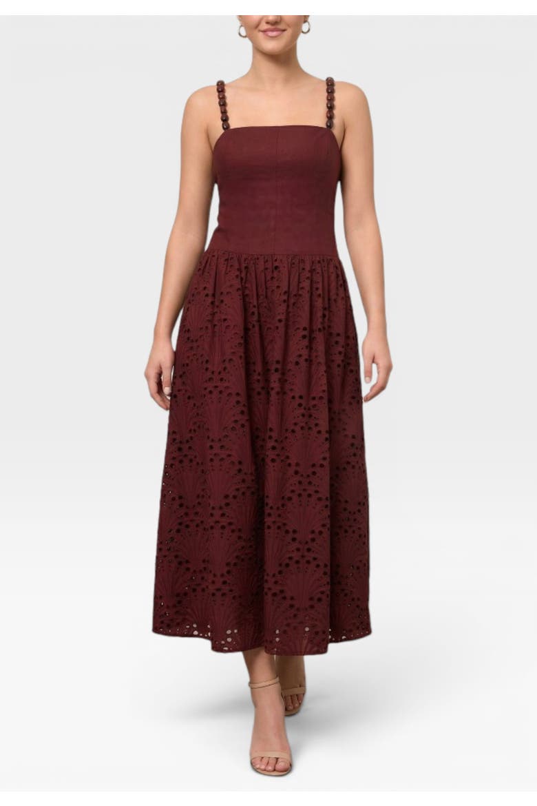 Maristella Drop Waist Bead Strap Midi Dress, Alternate, color, Dark Red