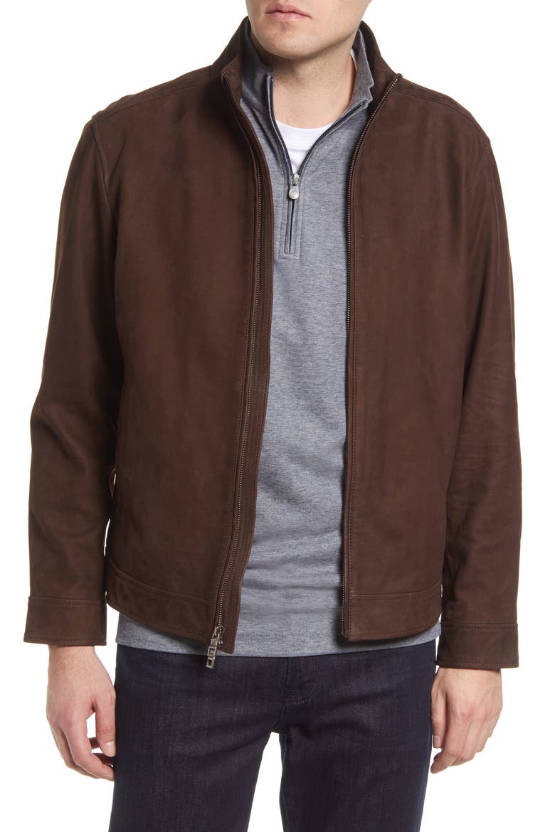 Men's Nubuck Leather Bomber Jacket, Main, color, CHOCOLATE