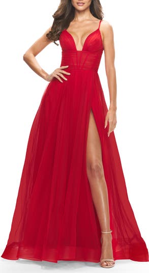 A-Line Tulle Gown with Illusion Bodice and Boning