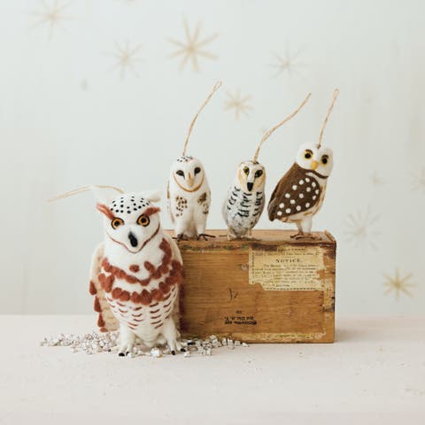 Handcrafted Wool Felt Owl Ornament with Iron Accents