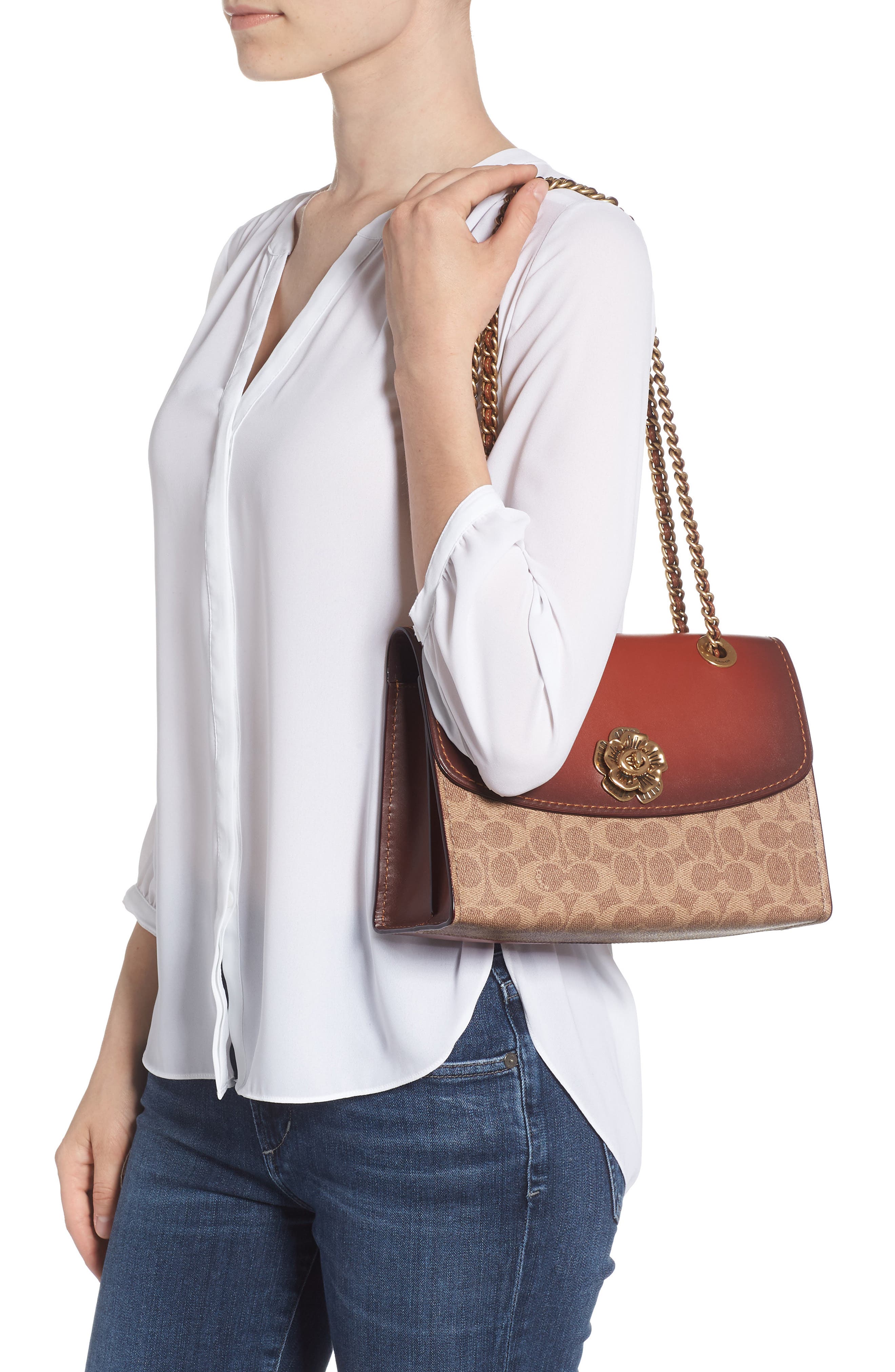 Parker Leather & Canvas Shoulder Bag, Alternate, color, RUST