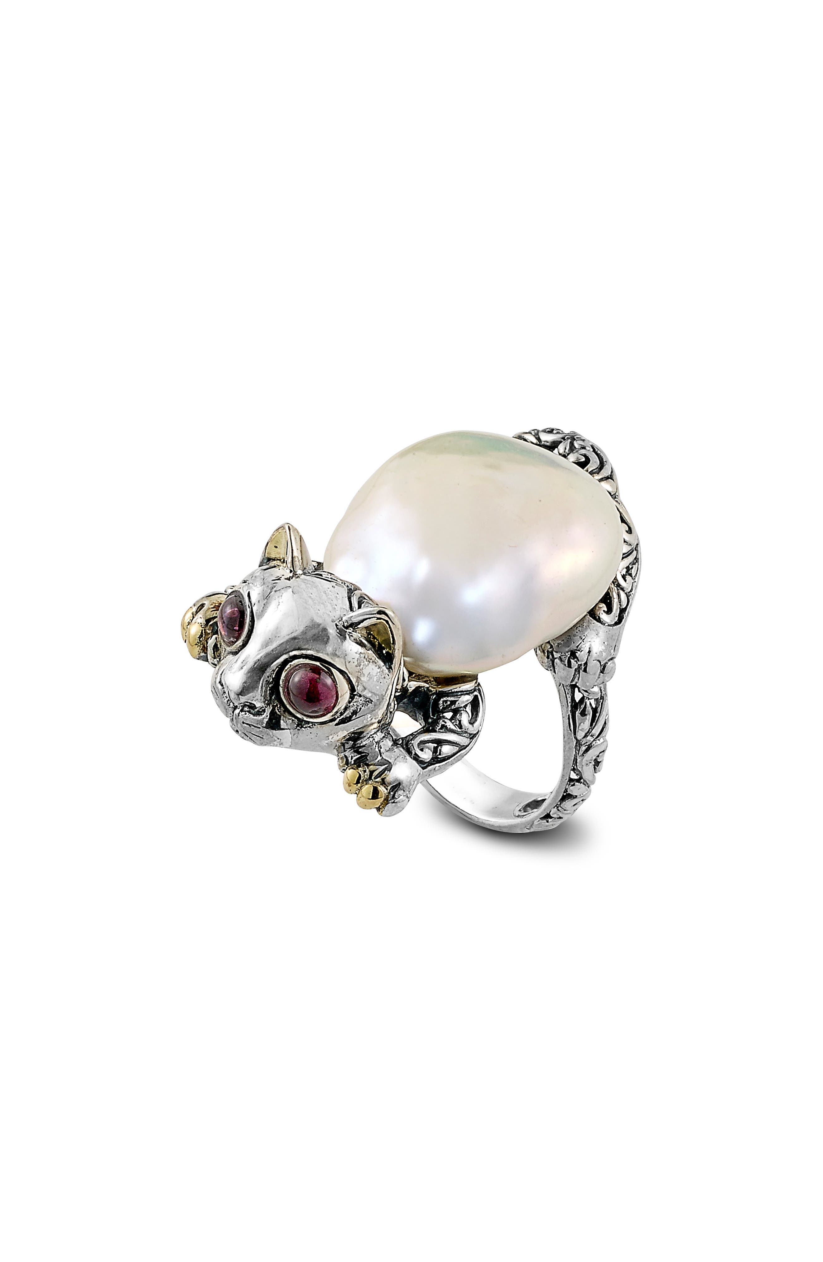 SAMUEL B. Sterling Silver & 18K Gold Cat Pearl Ring