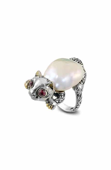 SAMUEL B. Sterling Silver & 18K Gold Cat Pearl Ring