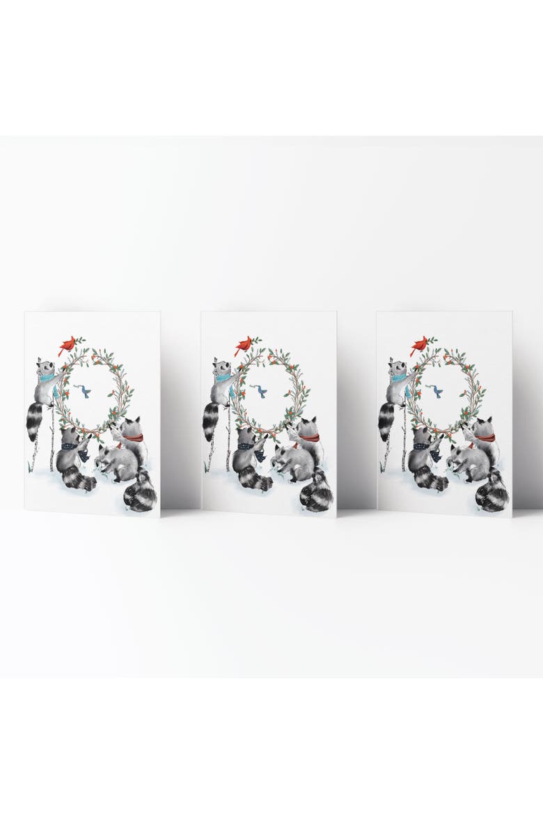 Winter/Holiday Greeting Card Pack Sets (3 ct) Raccoon Family Wreath, Main, color, Multi-Pack