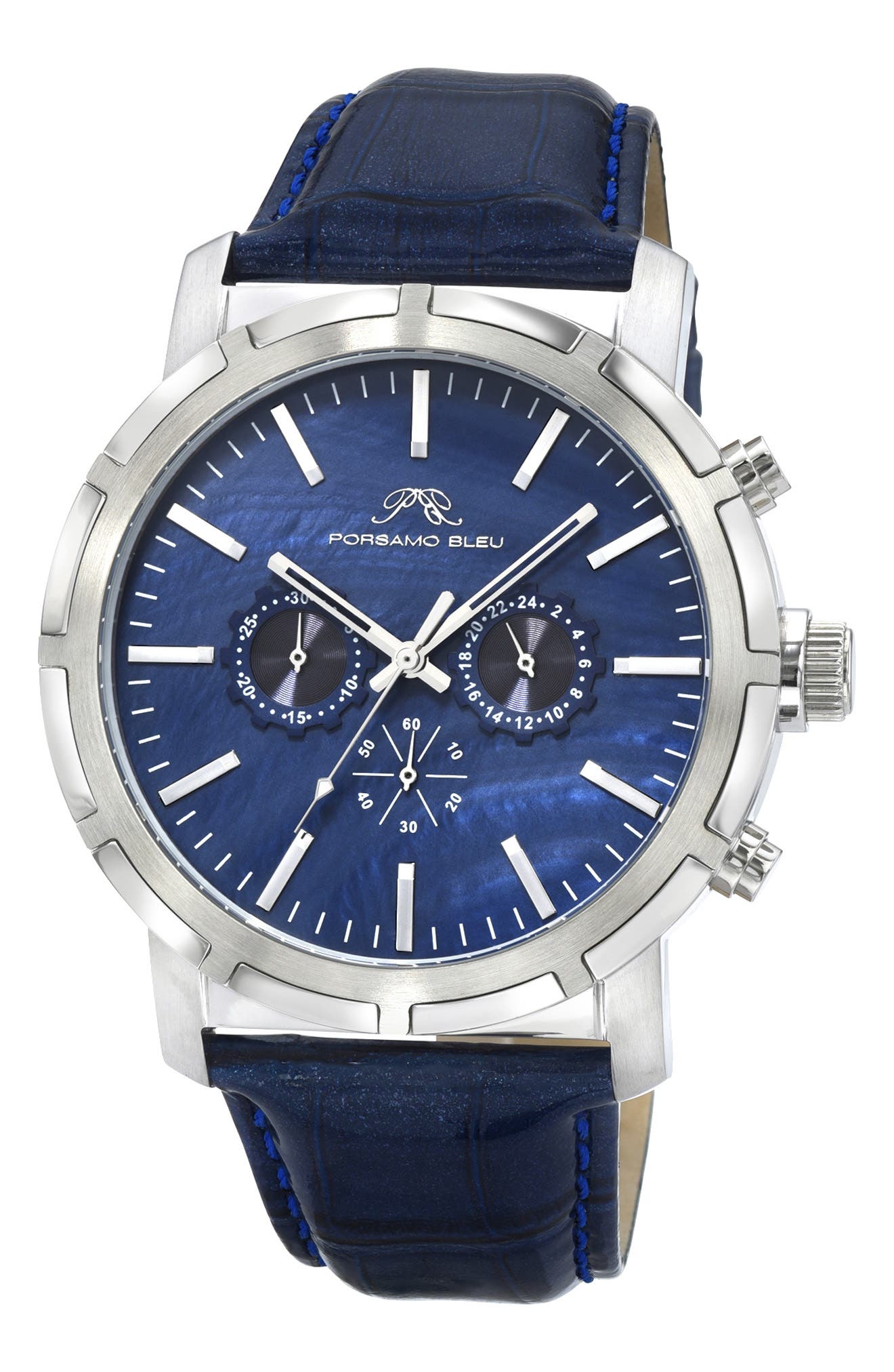 PORSAMO BLEU NYC Chronograph Croc Embossed Leather Strap Watch, 47mm