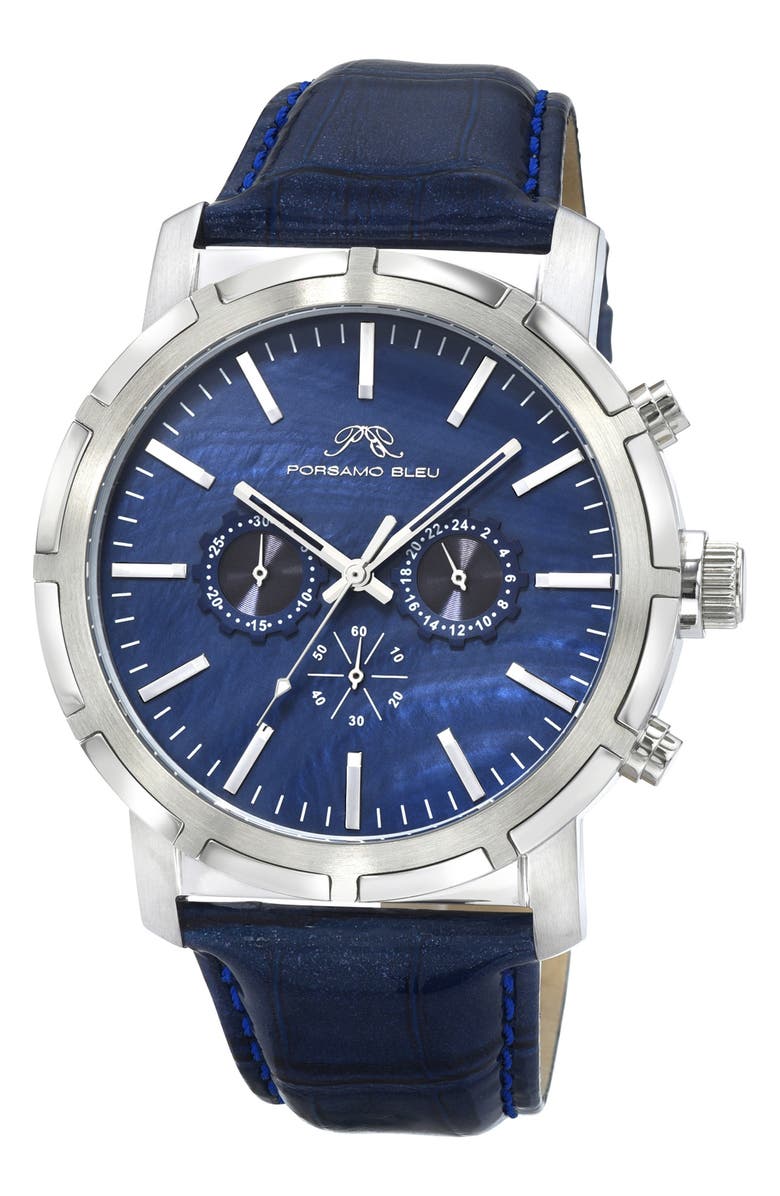 PORSAMO BLEU NYC Chronograph Croc Embossed Leather Strap Watch, 47mm, Main, color, Blue