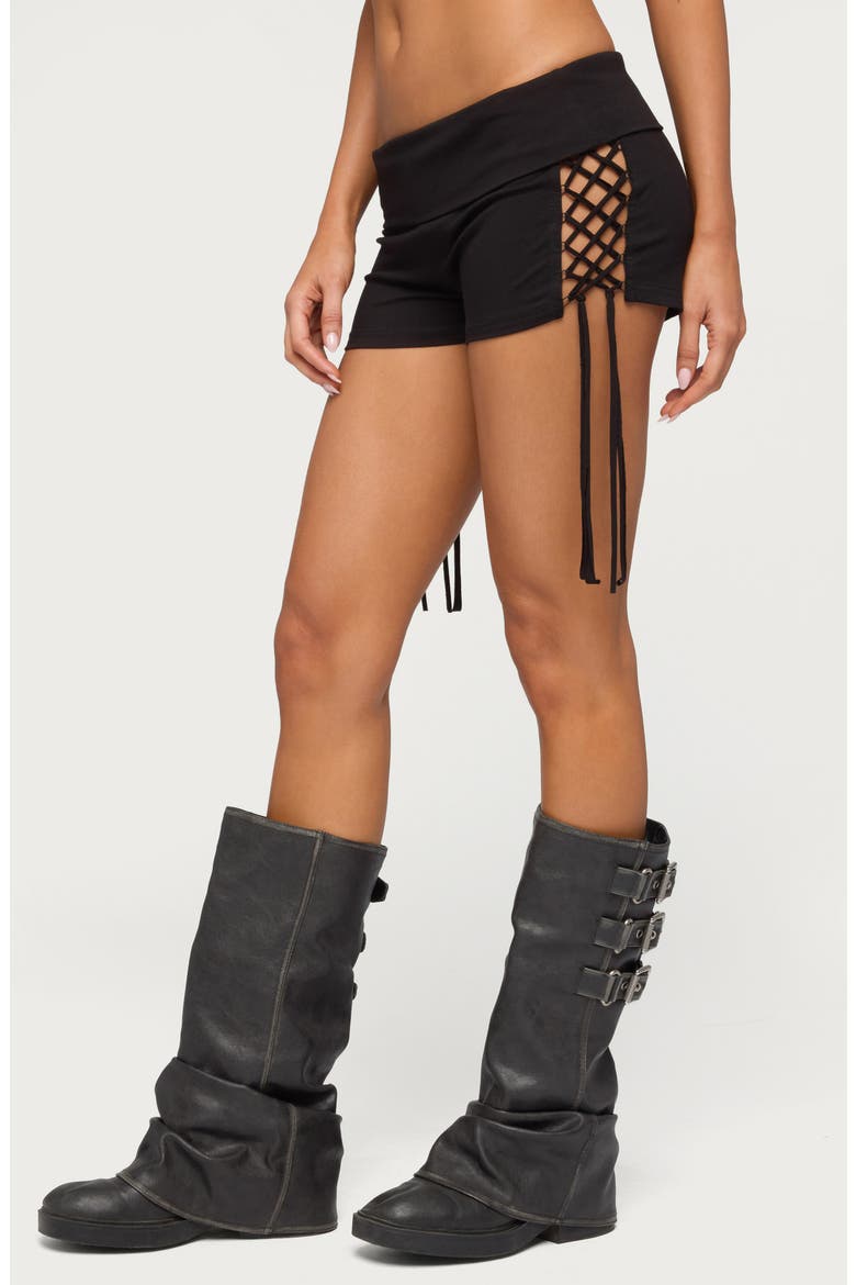 Saffyre Foldover Low Rise Lace-Up Shorts, Alternate, color, BLACK
