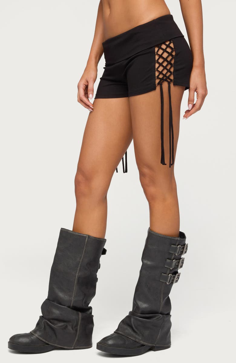 EDIKTED Saffyre Foldover Low Rise Lace-Up Shorts, Alternate, color, Black