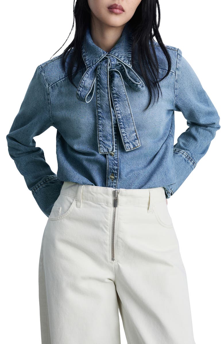 MANGO Denim Tie Neck Button-Up Shirt, Main, color,