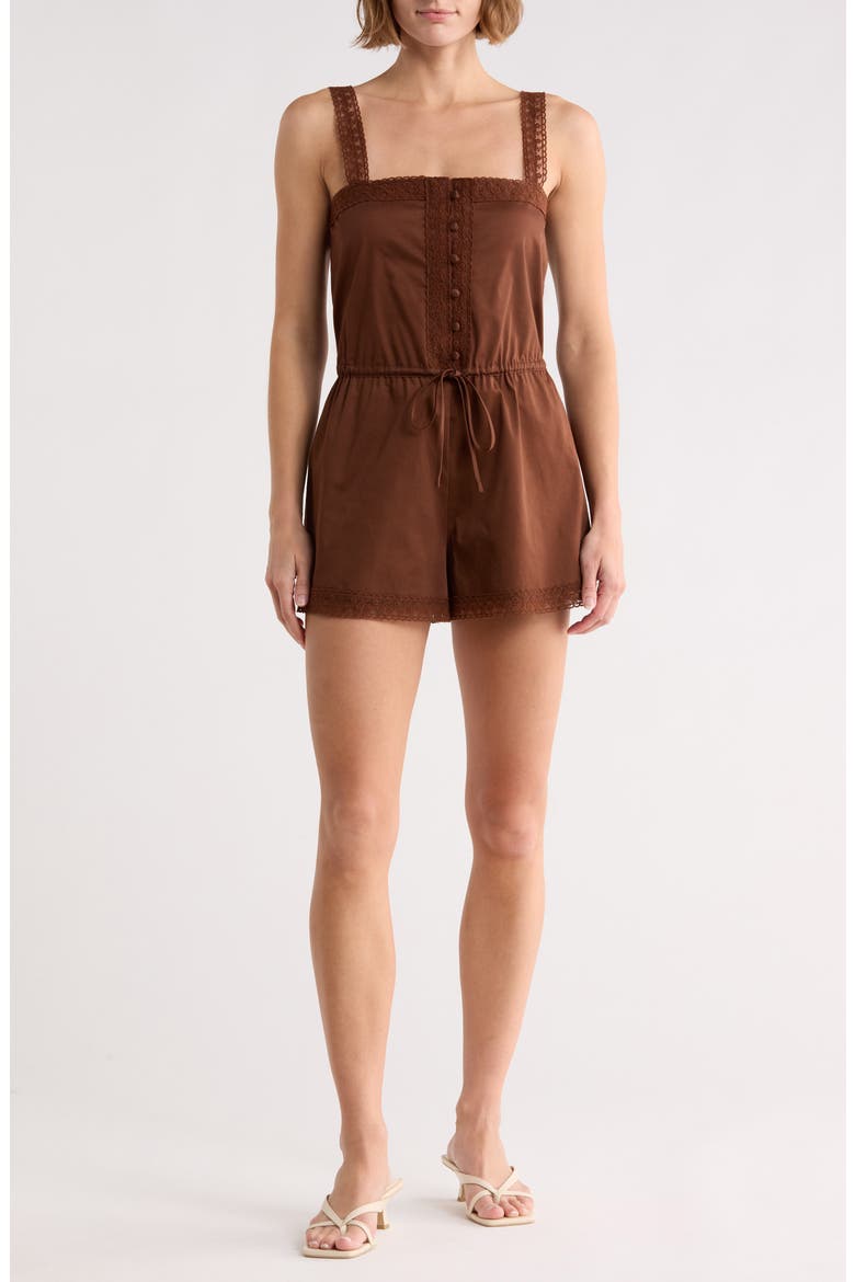 Tie Waist Stretch Cotton Romper, Main, color, BROWN