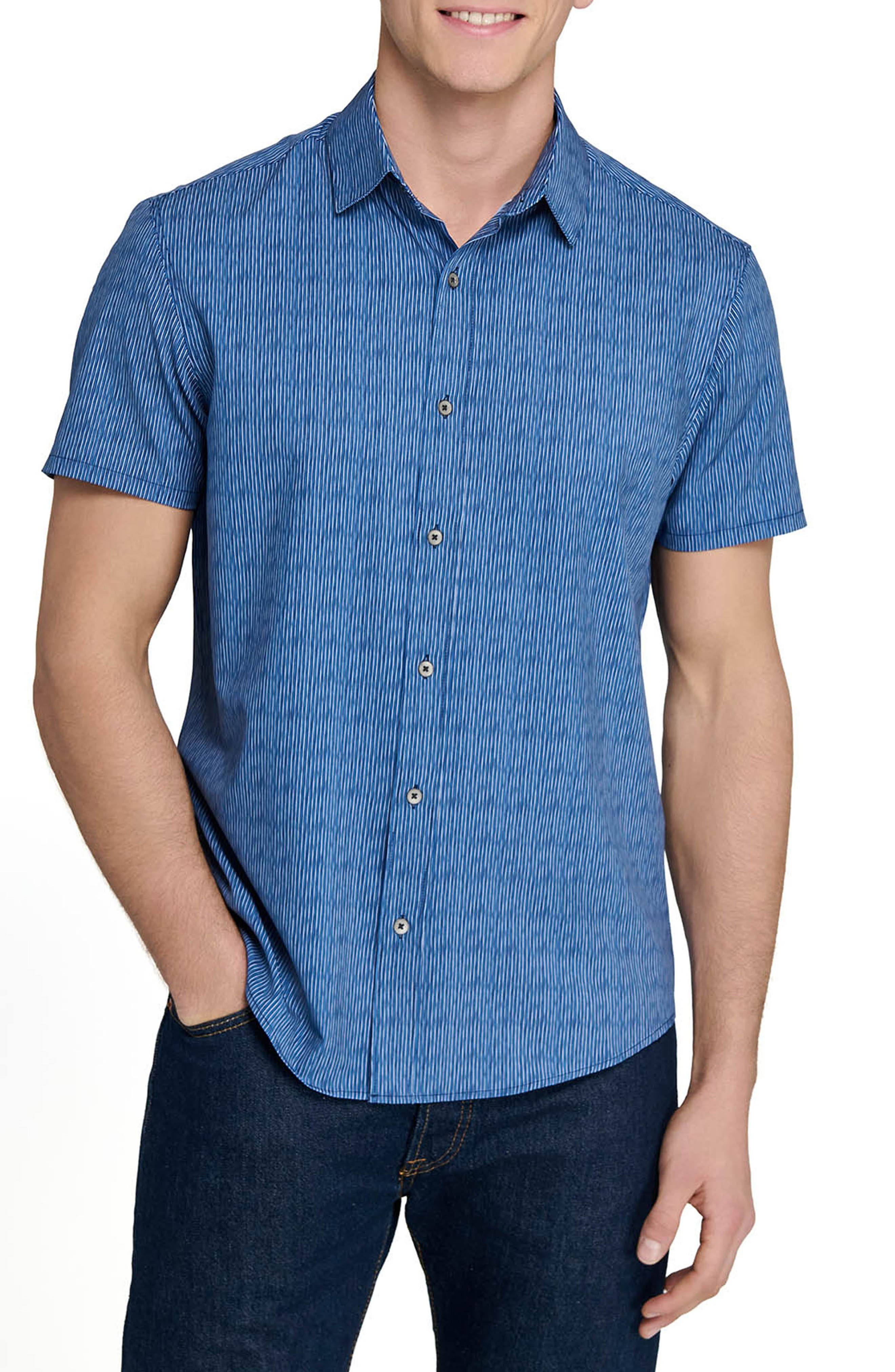 Basic Slim Fit Abstract Stripe Short Sleeve Performance Button-Up Shirt