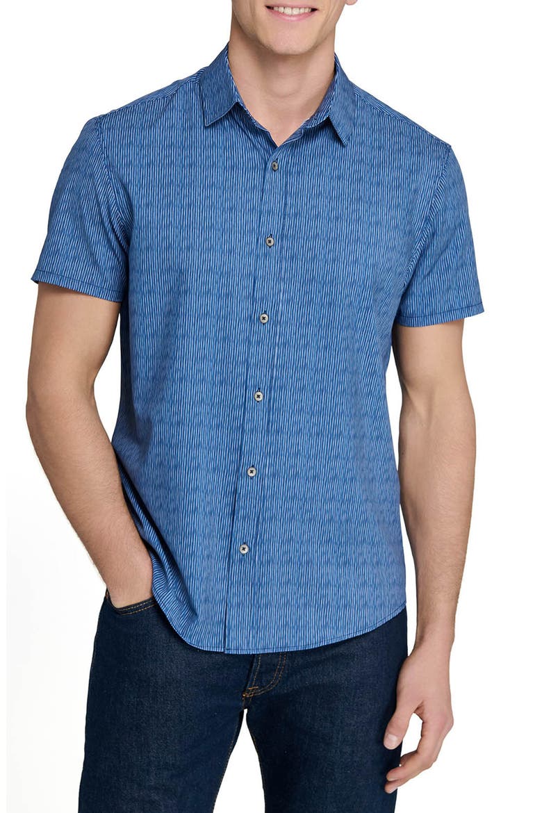 Basic Slim Fit Abstract Stripe Short Sleeve Performance Button-Up Shirt, Main, color, NAVY
