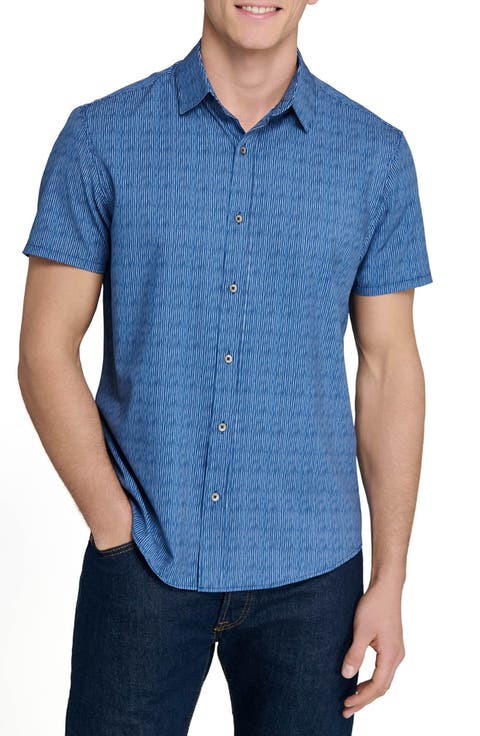 Basic Slim Fit Abstract Stripe Short Sleeve Performance Button-Up Shirt