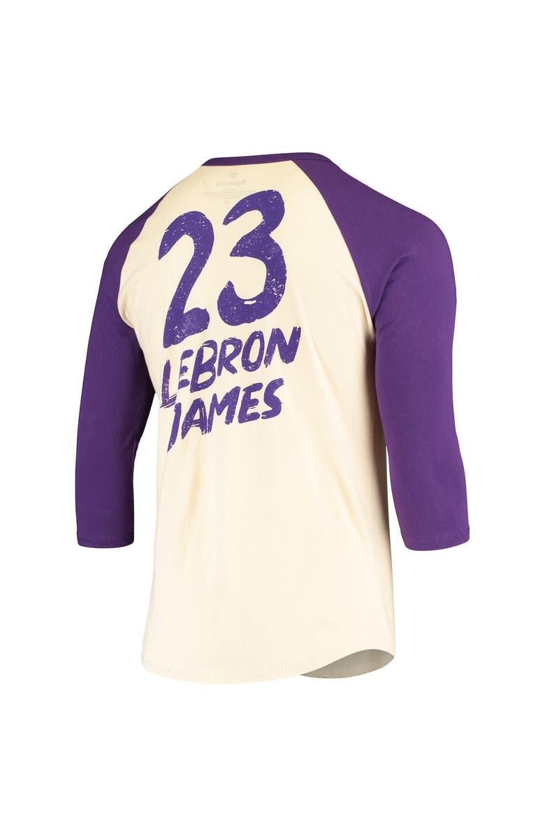 FANATICS Men's Fanatics Branded LeBron James Cream/Purple Los Angeles Lakers Raglan 3/4 Sleeve T-Shirt, Alternate, color, 