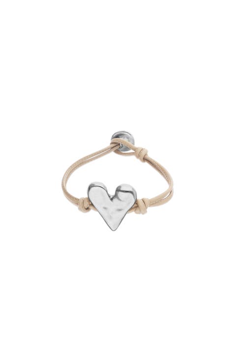 Camel Leather Bracelet with Sterling Silver-Plated Heart Detail