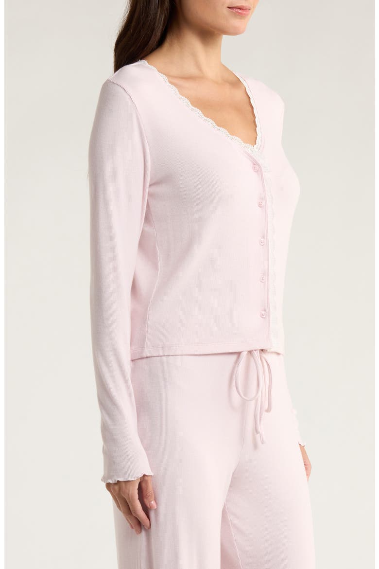 Daydream Lace Trim Rib Button-Up Lounge Top, Alternate, color, PINK CAKE