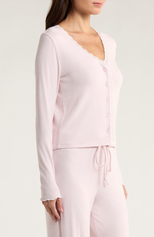 Open Edit Daydream Lace Trim Rib Button-up Lounge Top In Pink