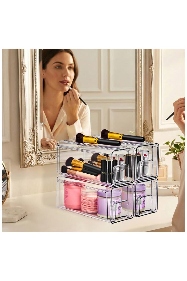 Set of 4 Small Stackable Storage Bins, Alternate, color, CLEAR