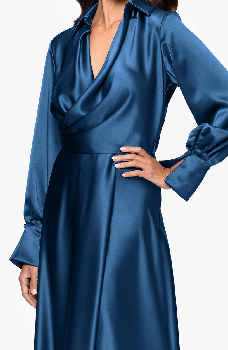 Xscape Evenings Spread Collar Long Sleeve Satin Gown, Alternate, color, Ocean
