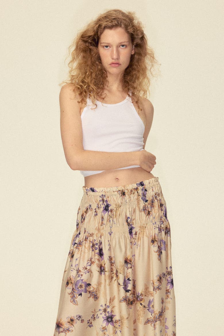 Smocked-waist Skirt, Alternate, color, Light beige/floral