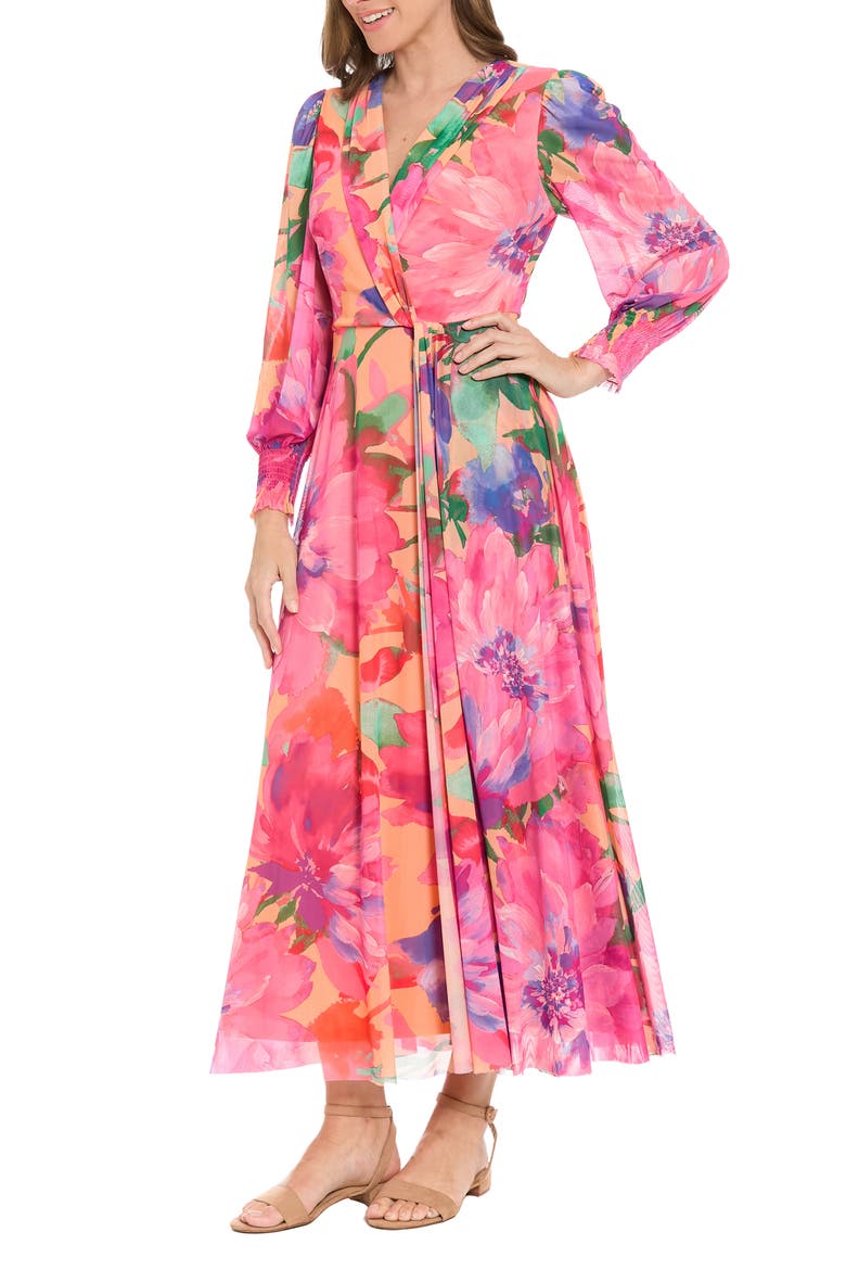 Floral Long Sleeve Mesh Faux Wrap Maxi Dress, Alternate, color, PEACH/ HOT PINK