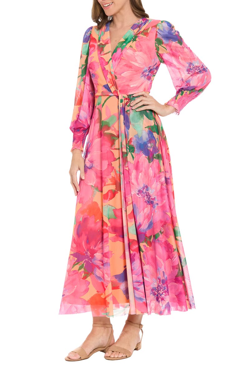 London Times Floral Long Sleeve Mesh Faux Wrap Maxi Dress, Alternate, color, Peach/ Hot Pink