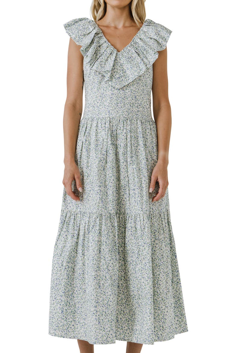 Floral Ruffle Tiered Midi Dress, Alternate, color, BLUE MULTI