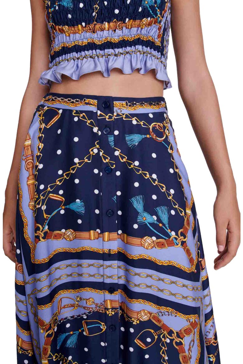 Satin-effect patterned short skirt, Alternate, color, Chain scarf print blue