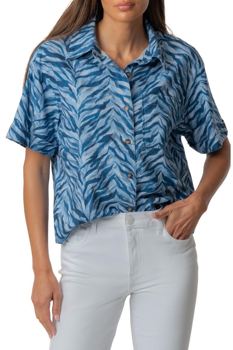 Aida Stretch Cotton Blend Short Sleeve Button-Up Top, Main, color, WOLVER HAMPTON NAVY