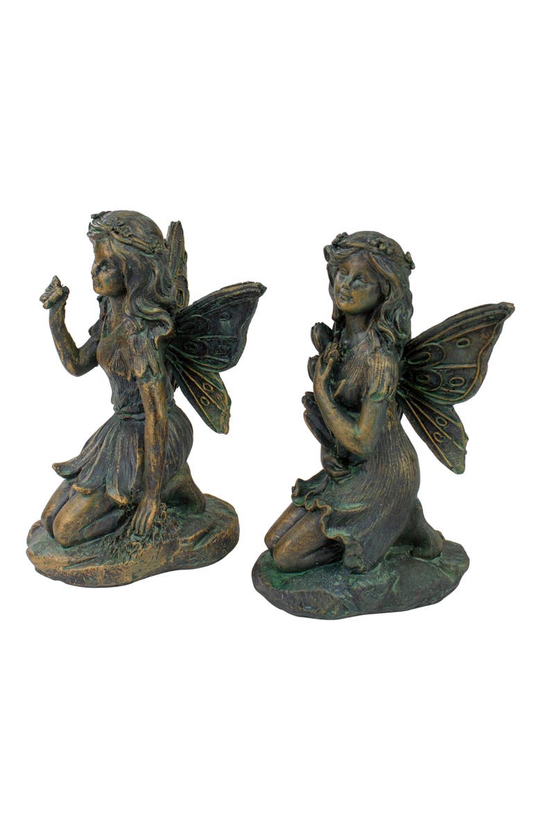 Northlight Set of 2 Bronze Kneeling Fairies With Flowers and a Butterfly Outdoor Garden Statues - 7", Alternate, color, Bronze