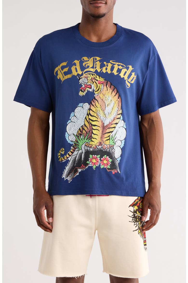 Rhinestone Tiger Mountain Boxy Graphic T-Shirt, Main, color, SUNFADE NAVY