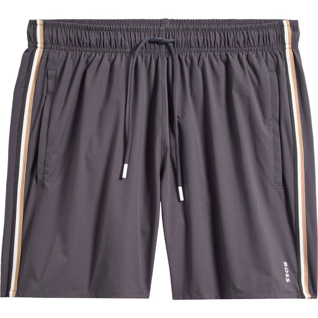 Hugo Boss Boss Side Stripe Stretch Swim Trunks In Gray