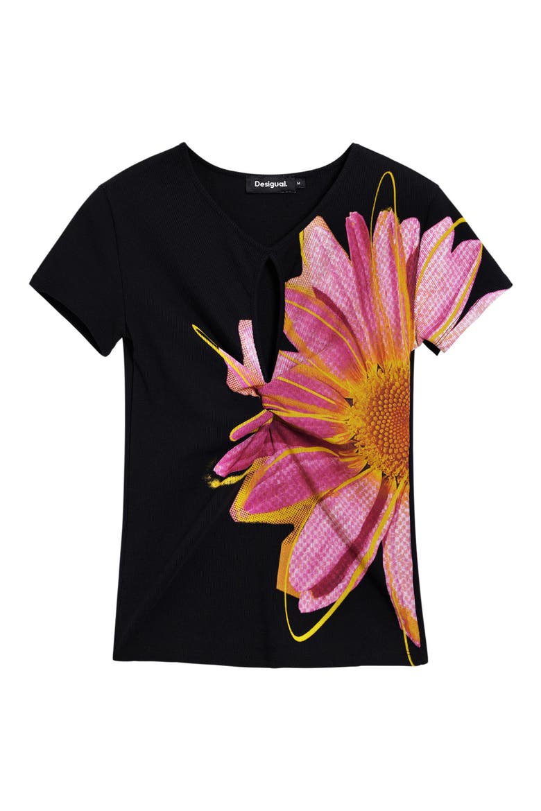 Floral Cutout Cotton Graphic T-Shirt, Alternate, color, BLACK
