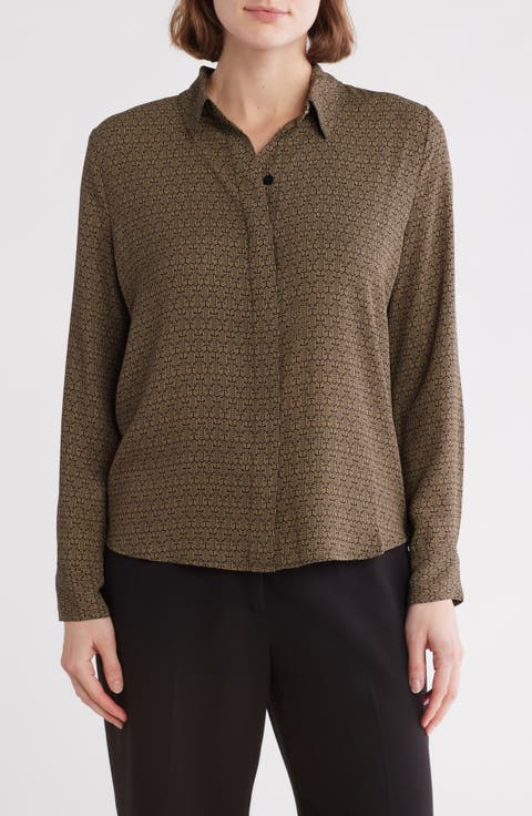 Print Long Sleeve Crepe Button-Up Shirt