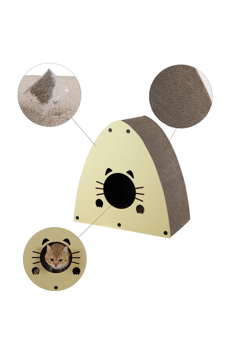 The Licker Store Koko 19" Modern Cardboard Triangle Cat Cave Scratcher with Catnip, Alternate, color, Almond