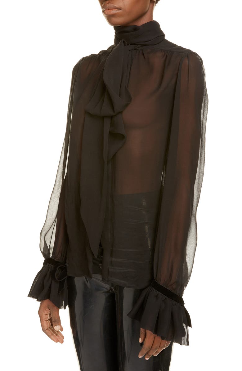 Saint Laurent Tie Neck Flare Cuff Sheer Silk Blouse, Alternate, color, 