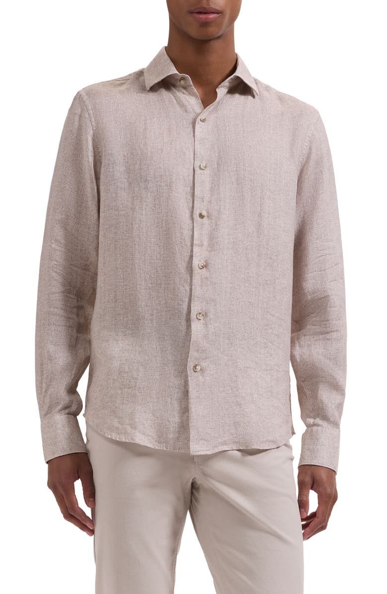 Bugatchi Axel Shaped Fit Linen Button-Up Shirt, Main, color, Camel