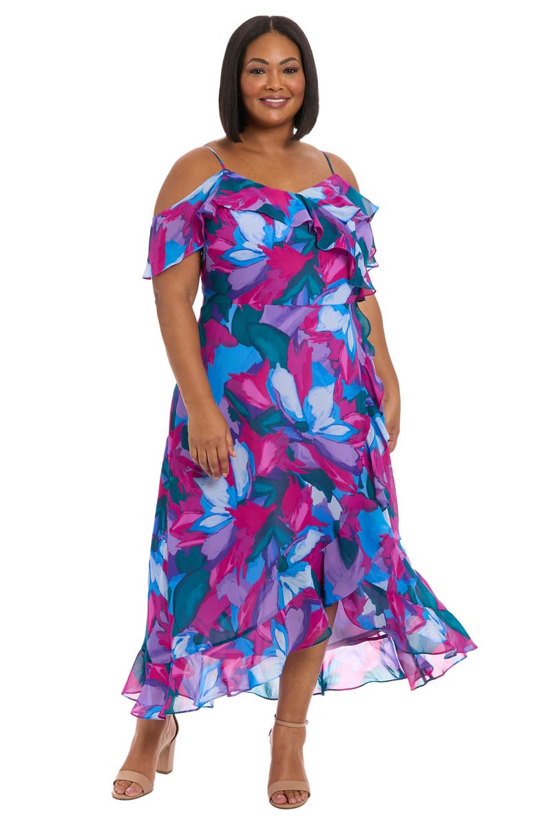 London Times Floral Cold Shoulder Chiffon Maxi Dress, Alternate, color,