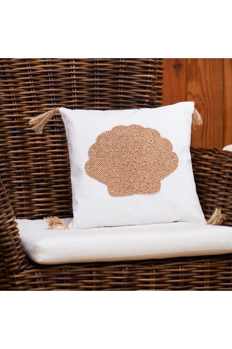 Shell Handmade Wood Beaded Throw Pillow, Alternate, color, Orange