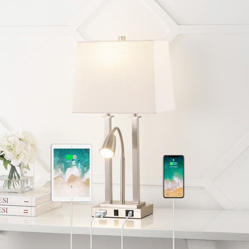 Jonathan Y Blaire 23.75" 2-light Modern Farmhouse Metal Led Table Lamp With Usb Charging Port In Nickel